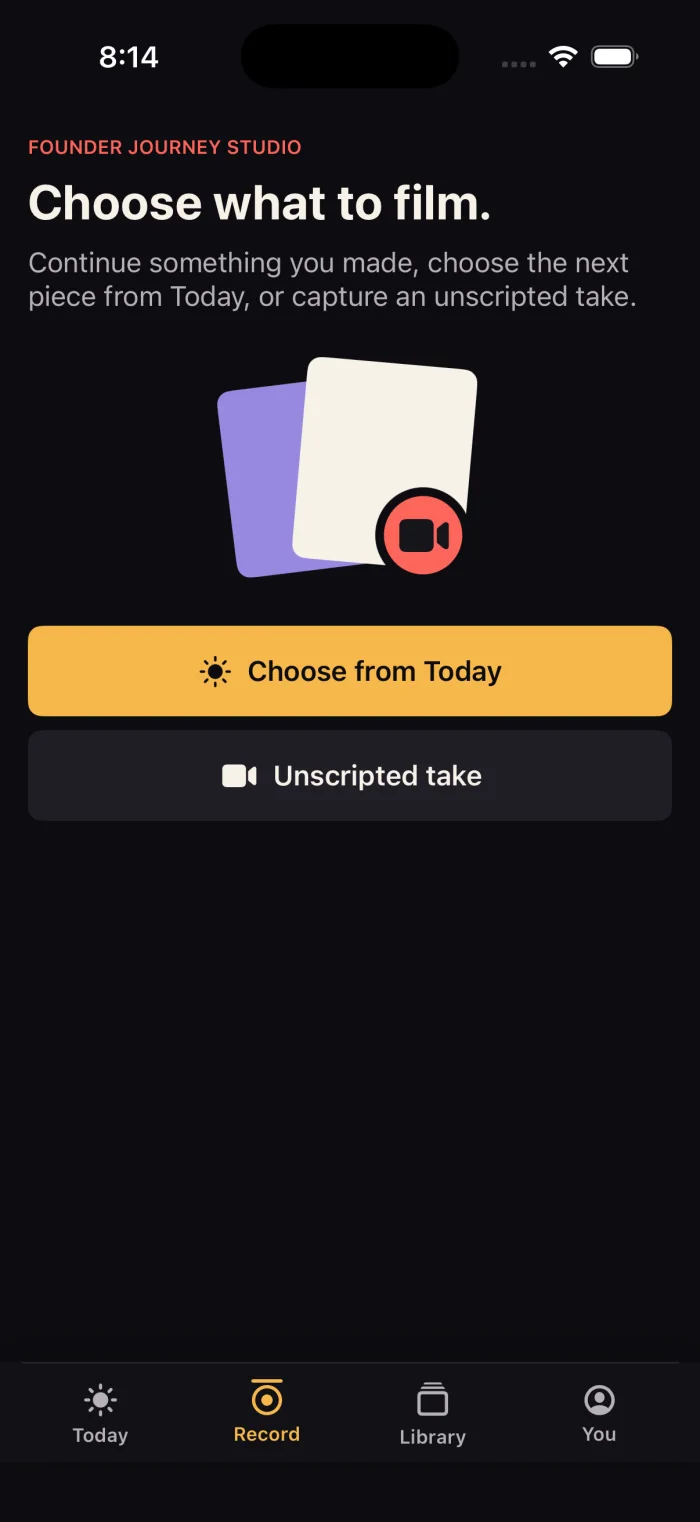 Fame AI recording chooser with Today and Unscripted take actions