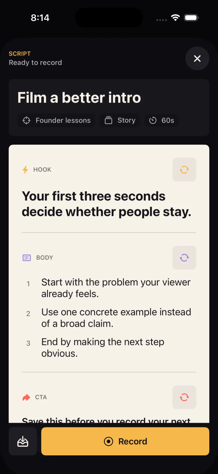 Fame AI script review with hook, body, call to action, and Record button