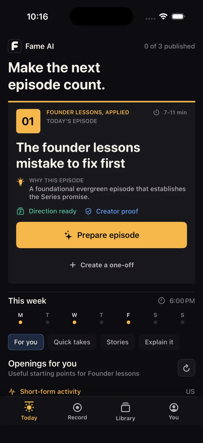Fame AI Today screen with an episode direction and Prepare episode action
